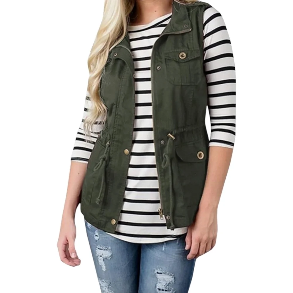 Qearal Zip-Up Drawstring Anorak Jacket Military Vest Outerwear w/ Pockets